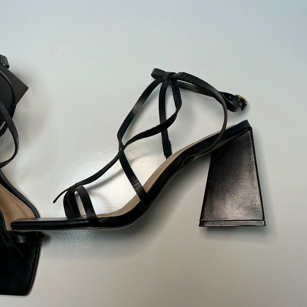 Saks Fifth Avenue Black Leather Strappy Square Toe Triangular Block Heel Sandals - Picture 3 of 12
